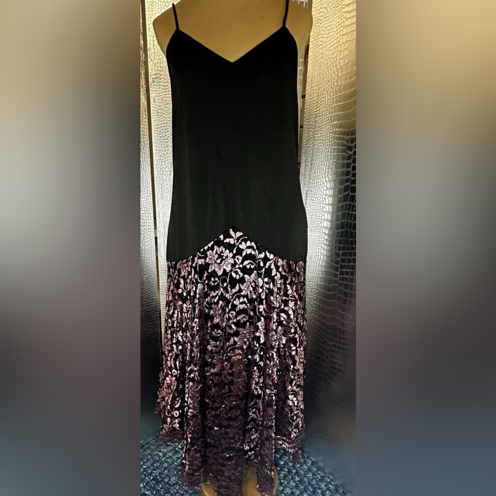 Vintage 80s Party Prom Dress Black Spaghetti Strap Pink Silver Lace Pattern